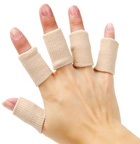 Senkary 20 Pieces Finger Compression Sleeves Elastic Finger Protectors Thumb Splint Brace for Arthritis Pain Relief, Basketball Sport (Beige)