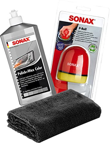 detailmate SONAX Hand Polier Set: SONAX Polish+Wax Color Silber/grau 500ml Politur + SONAX P-Ball ergonomischer Polier Ball Edgeless Superflausch Mikrofaser Poliertuch 40x40cm, 550GSM