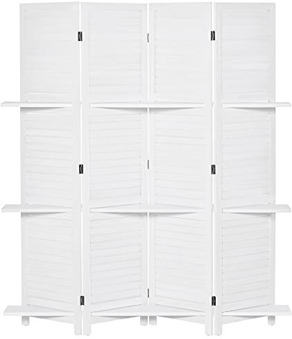 HOMCOM - Paravento per interni, 4 pannelli, 3 ripiani, pieghevole, separatore di stanze, ante persiane, in legno di paulownia, colore: bianco
