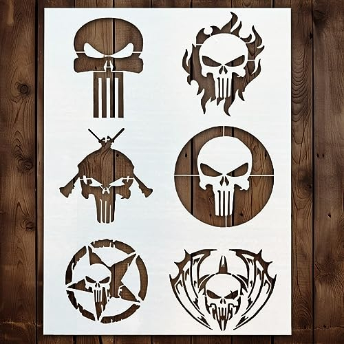 Punisher Schablone | Wiederverwendbare Halloween-Horror-Schädel-Gesichtsbemalung, Gothic-Graffiti-Streetart-Schablonen zum Malen auf Holz, Glas, Wand, Stein, Stoff, Wänden, Leinwand, Glaswaren,