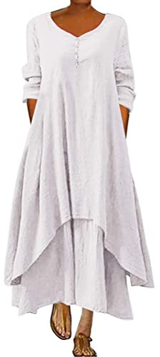 ORANDESIGNE Abito Lungo Donna Cotone e Lino Caftano Boho Abito Ampio Casual Moda Manica Lunga Scollo a V Abiti Lunghi Vestito Estivo Taglie Forti Eleganti Vestiti 2 in 1 Maxi Abito A Bianco 3XL