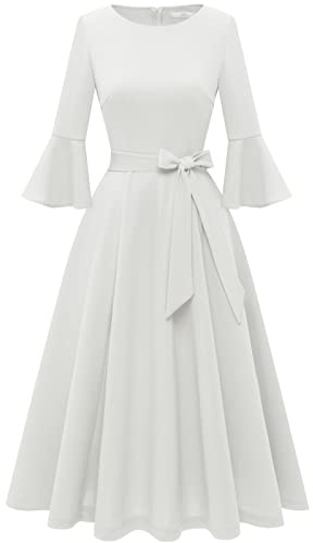 White Graduation for Women 2026 Midi Modest Dresses for Women Church Fit and Flare Prom Formal Cocktail Wedding Guest Dress White M