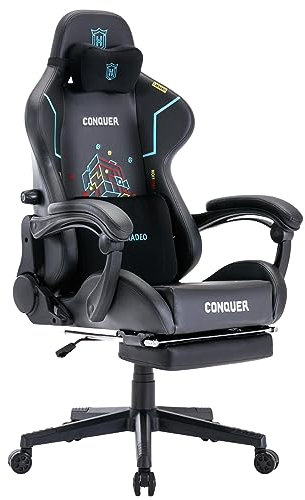LXRADEO Gaming Chair PC Office Chair Ergonomic with Inner Adjustable Lumbar Support, Racing Style Armchair Faux Leather Retro Reclining Chair with Rocking Function and Footrest 350lbs Capacity, Black