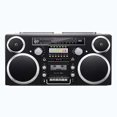 Retro Cassette Boombox with Bluetooth 5.0, CD Player, AM/FM Radio, SD Slots, Aux In, Headphone Jack, and USB/SD Conversion.