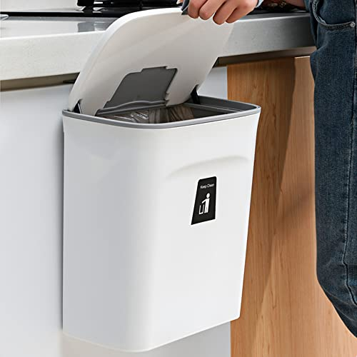 Cubo de basura de cocina con tapa, cubo de basura de cocina de 9 l, pequeño, para colgar en la pared, plástico para compost, ranura para tarjetas en forma de U, para cocina, caravana