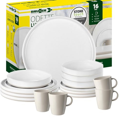 BRUNNER: Melamin Geschirr-Set Camping | 16-Teilig - Teller & Becher für 2-4 Personen | Lunch Box ODETTE - Stapelbar, Kratzfest