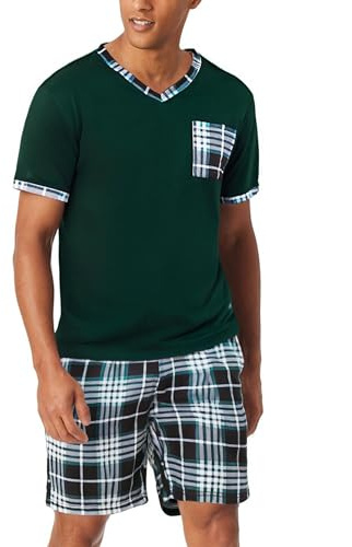 Aseniza Pyjama Homme Coton Ete Ensembles de Pyjama Court Été à Manches Courtes Short Tenues de Nuit Vêtements de Nuit Eté Vêtement d'Intérieur Vêtements de Détente Vert Foncé L