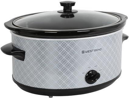 West Bend Slow Cooker 6-Quart Manual Crockery Style with Dishwasher Safe Oval Ceramic Crockpot and Glass Lid Two Temperature Settings Plus Keep Warm, 330-Watts, Silver