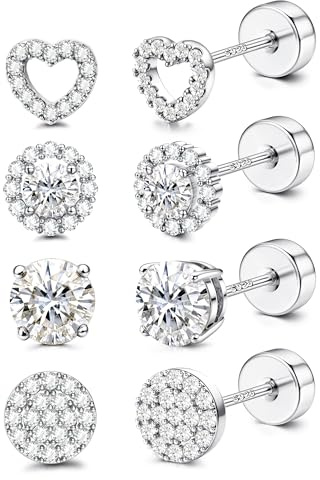 4 Paires Boucles d'Oreilles Argent 925 Plaqué Or 16K pour Femme Homme | Boucle D'oreille Homme Femme Hipoallergéniques CZ 6-10mm Plaqué Or 16K Acier Inoxydable pour Piercing Cartilage Oreille