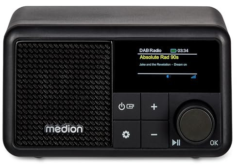 MEDION S66822 Tragbares Mini DAB+ Radio mit Bluetooth (Akku mit bis zu 6,5 Stunden, klein, dimmbares Farbdisplay, Teleskopantenne, Sleeptimer, Wecker, Snooze, AUX, USB-C) schwarz