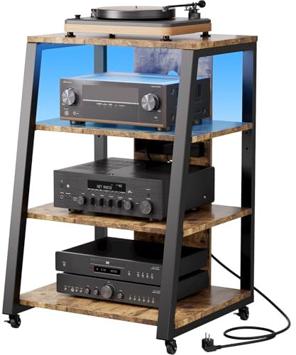 Lifewit 4-stufiger Audio Medienständer mit Steckdosenleisten und LED-Leuchten, Holz & Stahl AV-Regal für Plattenspieler & Stereoanlagen & Kompaktanlage, Braun