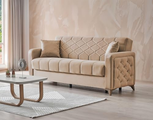 Stella Furniture Chesterfield 3 Seater Sofa Bed with Storage for Living Room - Convertible Three Seater Sofas & Couches with Cushions - Free Assembly & Delivery (3 Seater, Beige)