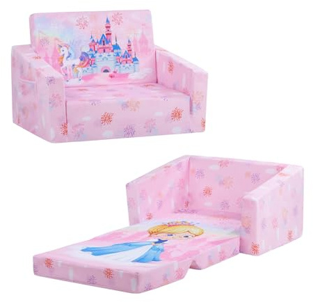 Divano Letto per Bambini 2-in-1 Pieghevole Schienale Poltrona, Comoda Stabile Divano Bambini con Tasca in Stoffa, Divano Pieghevole Leggero Apribile per Camera da Letto, Soggiorno, Principessa
