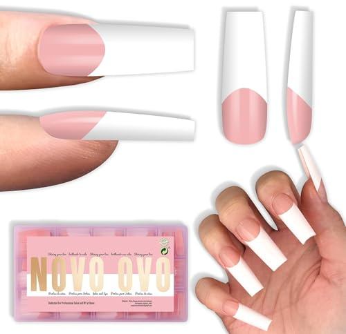 NOVO OVO Old School Wide White French Tip Nail Tips Press on, lång konisk fyrkantig baby pink, extra tjock mjuk gelförlängning av akryl, behöver byggmedel gel Top coat & lim, 15 storlekar 240 stycken