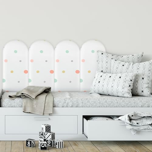 Hahafelt 4 Pcs Wall Padding for Kids Playroom Peel Stick Headboard 15.75'' x 7.87'' x 1.18'' 3D Anti Collision Upholstered Wall Panel Self Adhesive Headboard Panel (Morandi Dot)