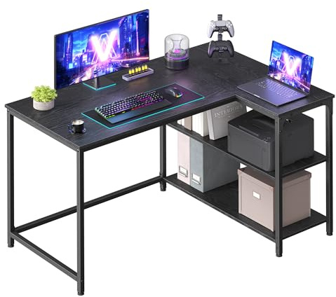 VASAGLE L Shaped Corner Desk, Computer Gaming Desk with Storage, Reversible Height-Adjustable Shelves, for Home Office, 110 x 80 cm, Ebony Black LWD135BE01