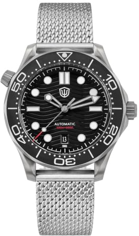 watchdives NH35/NH38 WD007 Montre automatique pour homme en titane NTTD 39 mm Verre saphir bombé 39 mm Montre étanche à 200 m, Pt5000 - Vague noire - 6 heures - Date, Bracelet