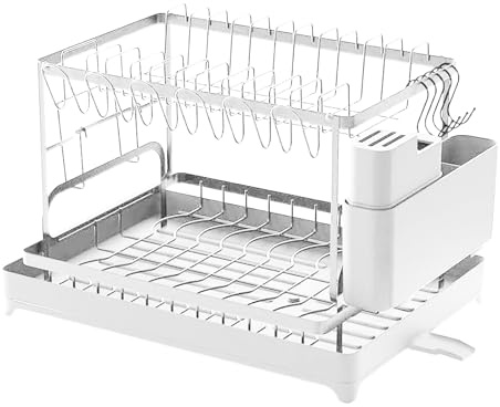 Estante de secado de cocina, 2 niveles con soporte para utensilios, estantes para platos para encimera de cocina, fregadero, hogar, apartamento, dormitorio, despensa, taza, cubiertos, bandeja de
