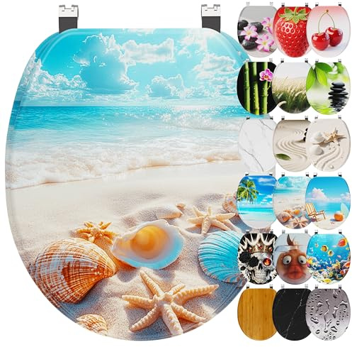 Ribelli WC Sitz mit Absenkautomatik, Toilettendeckel O-Form in Viele Motiven, Klodeckel Einfache Montage, Leicht zu Reinigen, ca. 46 x 37cm (Meer-Strand)