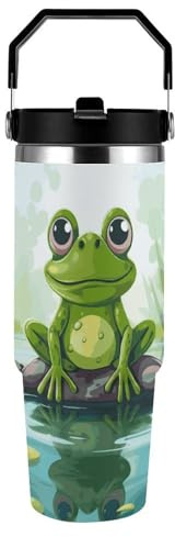 FekiLoot 30 Oz Tumbler with Handle, Stainless Steel Vacuum Insulated Frog in A Pond Tumbler with Straw Lid, Large Capacity Car Cup for Home, Travel, Camping, Shopping, Sports
