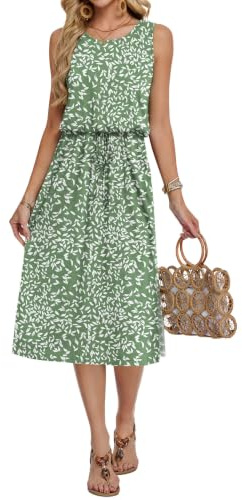 AUSELILY Robe d'été Mi Longue Femme sans Manches Robe Fluide Casual Légère avec Fente Devant et Poches Chic Élégant pour Été
