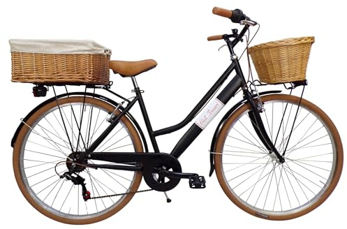 Cicli Tessari - bicicletta da donna bici da città city bike da passeggio 28'' con cambio vintage retro' con cesto in vimini anteriore e posteriore (nero)