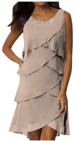 Abito estivo da donna, senza maniche, scollo rotondo, abito da cocktail con strass, corto, in chiffon, abito da sera, abito da festa, linea ad A, lunghezza al ginocchio, patchwork, per il tempo libero