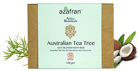 Azafran Organics Australian Tea Tree Body Bath Soap Bar, 100 Grams, With Organic Pure Essential Oil, Anti-Blemish, Antiseptic, Vegan, Non-GMO, Sensitive Skin Safe
