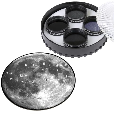 Celestron 94315 Moon Filter Kit – Compatible with 1.25 Telescope Eyepieces, Includes Moon & Sky Glow Filter, 3 x Neutral Density Filters, Carry Case and Moon Map, Black