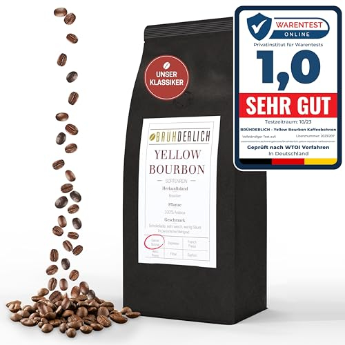 BRÜHDERLICH Yellow Bourbon Premium Arabica Kaffeebohnen säurearm (500g) - Besondere Kaffeebohnen aus Brasilien - Harmonische Grundsüße und weiches Aroma - Coffee Beans - Außergewöhnlich mild