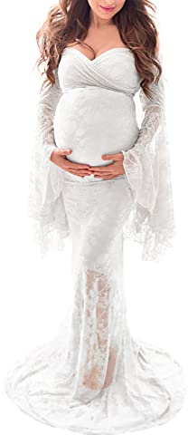 Saslax Off Shoulder Sweetheart Neckline Lace Maternity Dress for Photo Shoot Slim Fitted Maxi Maternity Props Dresses for Photography Baby Shower White Small