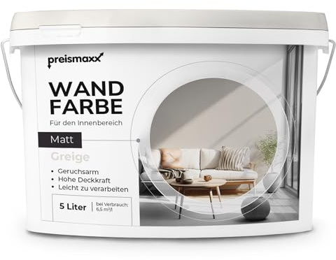 Preismaxx Profiweiß Wandfarbe grau 5L, hohe Deckkraft, Dispersionsfarbe innen, Innenwandfarbe Raumfarbe greige deckend, Deckkraftklasse 2, matt Innenfarbe Profi Qualität