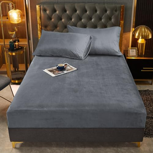 Drap-housse en polaire 160 x 200 cm, gris, chaud, en velours, douillet, pour lit à sommier tapissier, en tissu éponge, 160 x 200 cm, lit double uni, pour matelas haut, jusqu'à 25-30 cm