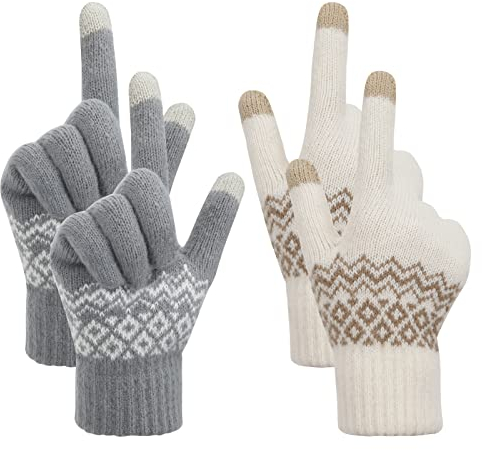 MengH-SHOP Touchscreen Handschuhe Damen Winterhandschuhe Frauen Fäustlinge Baumwollhandschuhe Winter Warm Damenhandschuhe 2 Paare (Weiß und Grau)