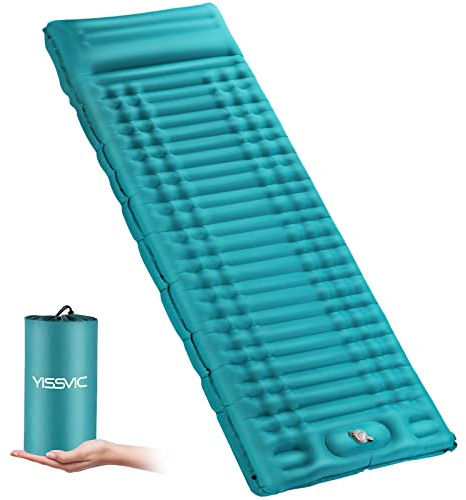 Yissvic Matelas de Camping Auto-gonflant avec Pompe à Pied, Coussin, Tapis de Sol d'extérieur pour la randonnée, l'extérieur, Bleu Paon