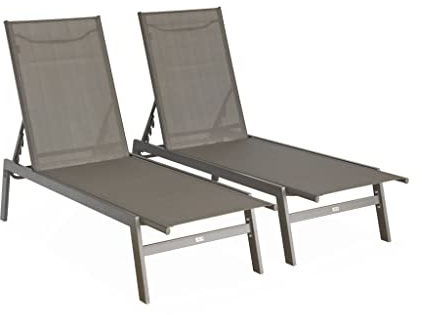 Alice's Garden sweeek - Lot de 2 transats Taupe. 5 Positions. en textilène et métal. Flora. L155 x P59 x H106cm