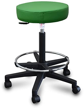 GALIZIA PRIME Sgabello da Lavoro con poggiapiedi Girevole per Salone estetico, bar, per ambulatorio Medico Dentista, con rotelle o Piedini, Rotazione Libera di 360°, 7 cm di Imbottitura (VERDE SCURO)