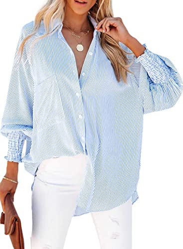 Womens Smocked Cuffed Striped Boyfriend Shirt Casual Collar Long Sleeve Oversized Button Down Blouse Tops with Pocket Shirred Blue