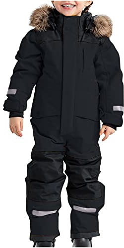 Schneeanzug Kinder Jungen Skianzug Einteilige Thermo Skioverall Winter Warm Schneeoverall Wasserdicht Winddicht Winteranzug mit Abnehmbarer Kapuze Matschanzug Outdoor Softshellanzug (Schwarz, 140)