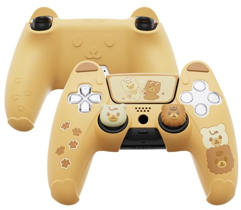 PlayVital Silikonhülle für PS5, Cute Bear Kawaii Controller Hülle kompatibel mit Ladestation, Gamepad Skin Schutzhülle für PS5 mit Touchpad Aufkleber und Daumengriffe-Gelb und Braun