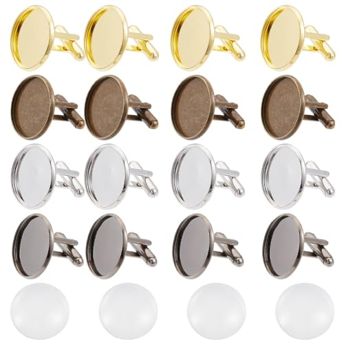 GOMAKERER 16 Stück Leere Messing-Manschettenknöpfe In 4 Farben Und 16 Stück Runde Glas-Cabochons, Manschettenknöpfe-Set Zur Herstellung von Manschettenknöpfen, Elegantes Geschenk Für Selbermachen