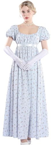 CR ROLECOS Robe victorienne, robe de Régence anglaise pour femme - Robe de bal bouffante style Bridgerton avec gants, Fleur bleue., XXL