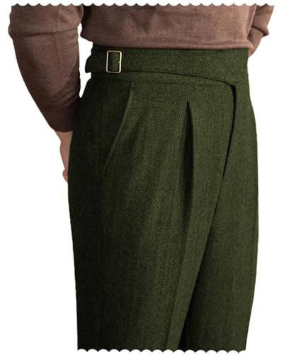 Men Trousers Vintage Tweed Blend Pants Herringbone Slim Fit Pleat-Front Pant ArmyGreen36W×30LNEW
