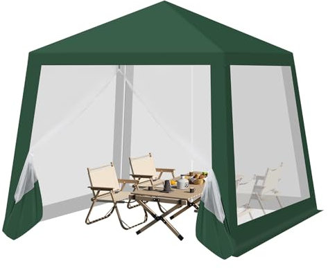 WOLTU Pérgola Jardín Pabellón de Jardín Cenador Plegable con Techo Carpa para Exteriores de Tela Oxford y Paredes de Malla, 3x3 m, para Camping, Jardín, Playa,Verde