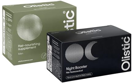 Olistic - Night Booster 28 Viales + Men 28 Viales, Suplemento Capilar Natural y Vegano para Hombres, Fortalece, Regenera y Previene la Caída Mientras Duermes y Durante el Día