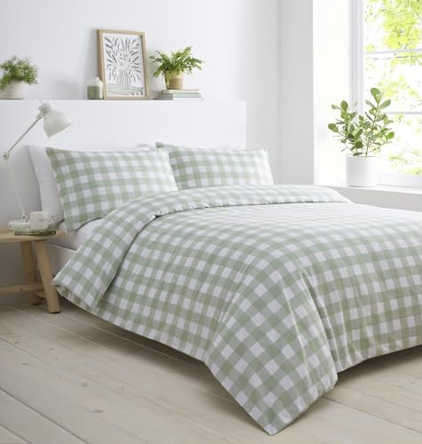 Portfolio Home Gingham Check Sage Super King Soft Easy Care Bed Linen Bedding Duvet Cover Quilt Set With Pillow Cases