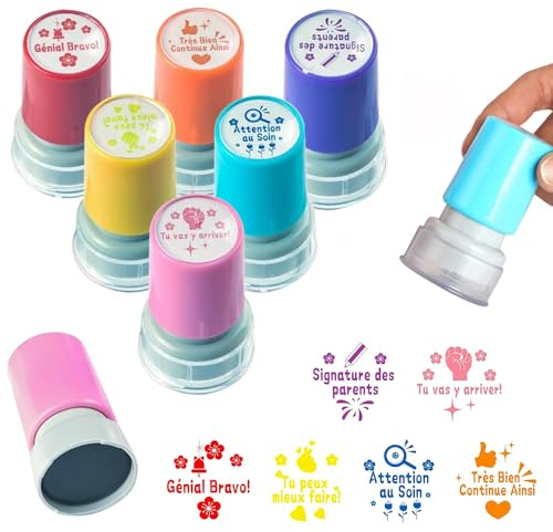 KBIBCK Tampon Enseignant Français, 6 PCS Tampon Maitresse Décole avec Boîte, Tampons Encreur Enseignant Français, Tampons Auto Encreur pour Cadeau Professeur TamponEcole pour Encourager Motiver Élèves