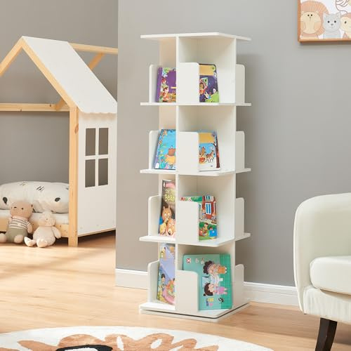 [en.casa] Libreria Girevole per Cameretta Scaffale Rotante per Bambini con 4 Livelli Mobile Porta Libri Salvaspazio 129 x 40 x 40 cm Bianco