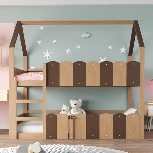 NNJN Letto a castello per bambini 90 x 200 cm, design a forma di casa con ringhiere di sicurezza rialzate. Il letto superiore dispone di una rete a doghe, adatto per ragazzi e ragazze (colore legno)