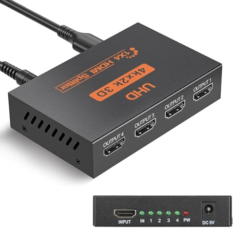 HDMI-splitter 1-i-4-utgång, 4K @30Hz HDMI-hubb med strömkabel – 4-vägs box för UHD-ljud/videosynkronisering, stöder HDTV/projektor/PC/bärbar dator/PS3/DVD (svart, USB-strömkabel)